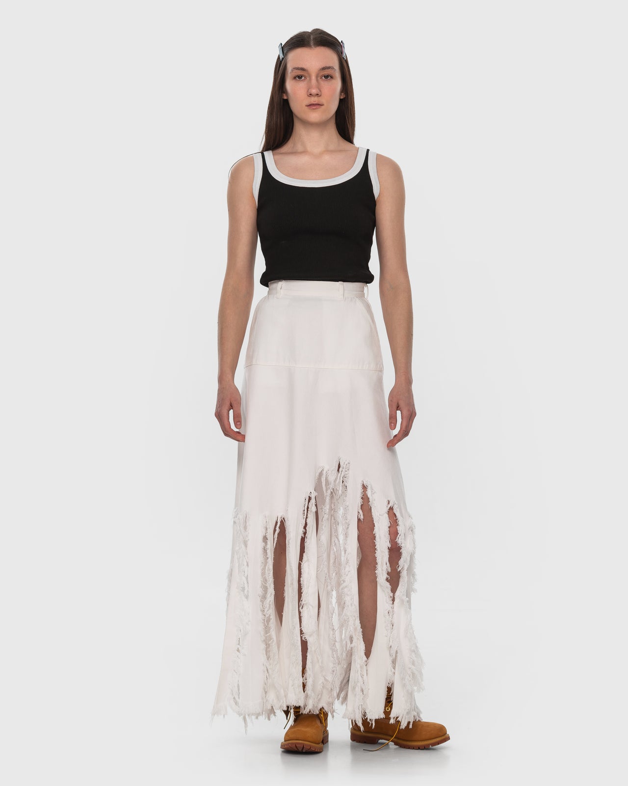 Buy Feathered Hem Denim Skirt – Bottoms by Ksenia Schnaider | Ethical & Sustainable Fashion