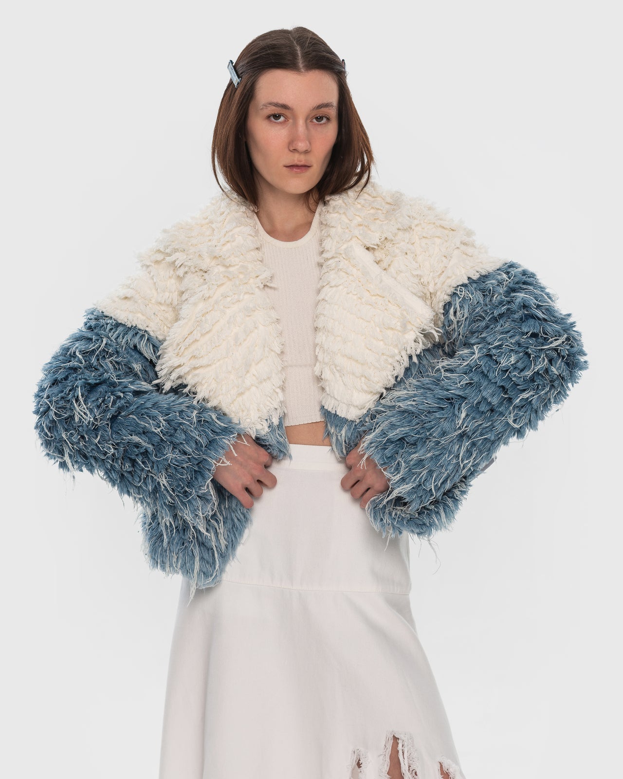 Buy Two-Tone Denim Fur Jacket – Outerwear by Ksenia Schnaider | Ethical & Sustainable Fashion