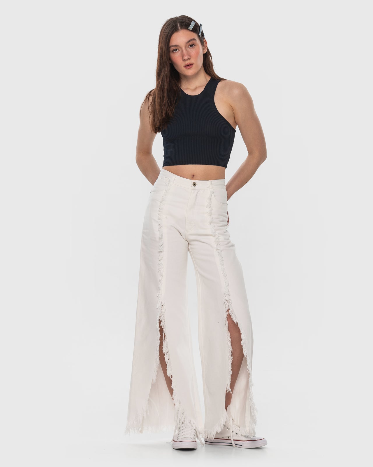 Buy Fringed Front Splits Flared Jeans – Bottoms by Ksenia Schnaider | Ethical & Sustainable Fashion