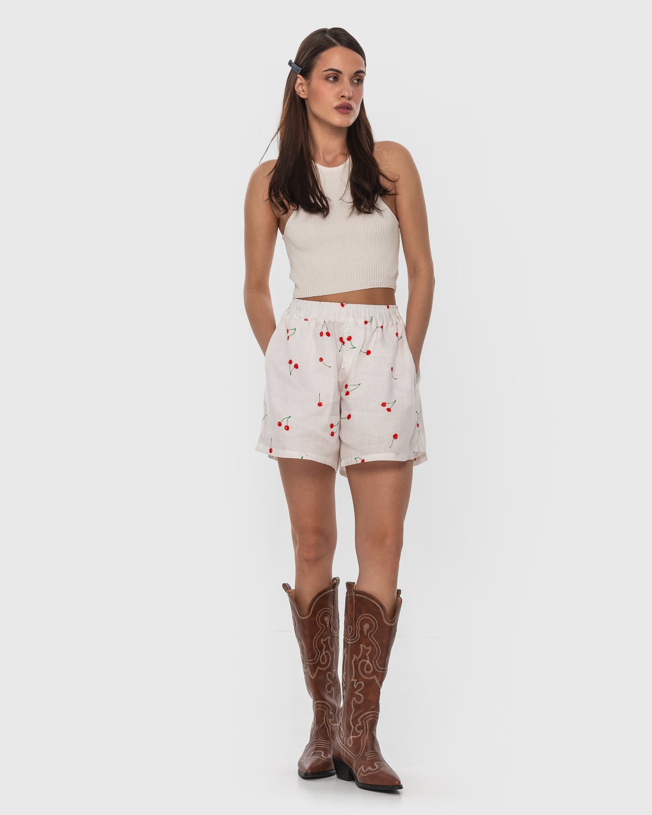 Buy Hemp Shorts with Cherry Print – Bottoms by Ksenia Schnaider | Ethical & Sustainable Fashion