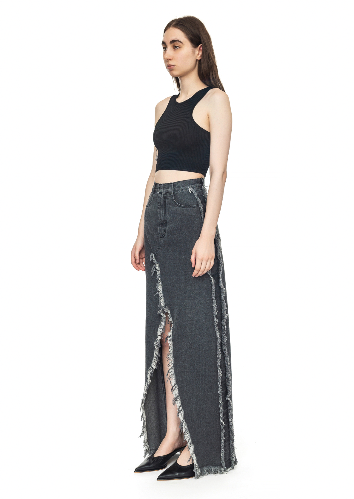 Denim Maxi Skirt with Fringed Details image