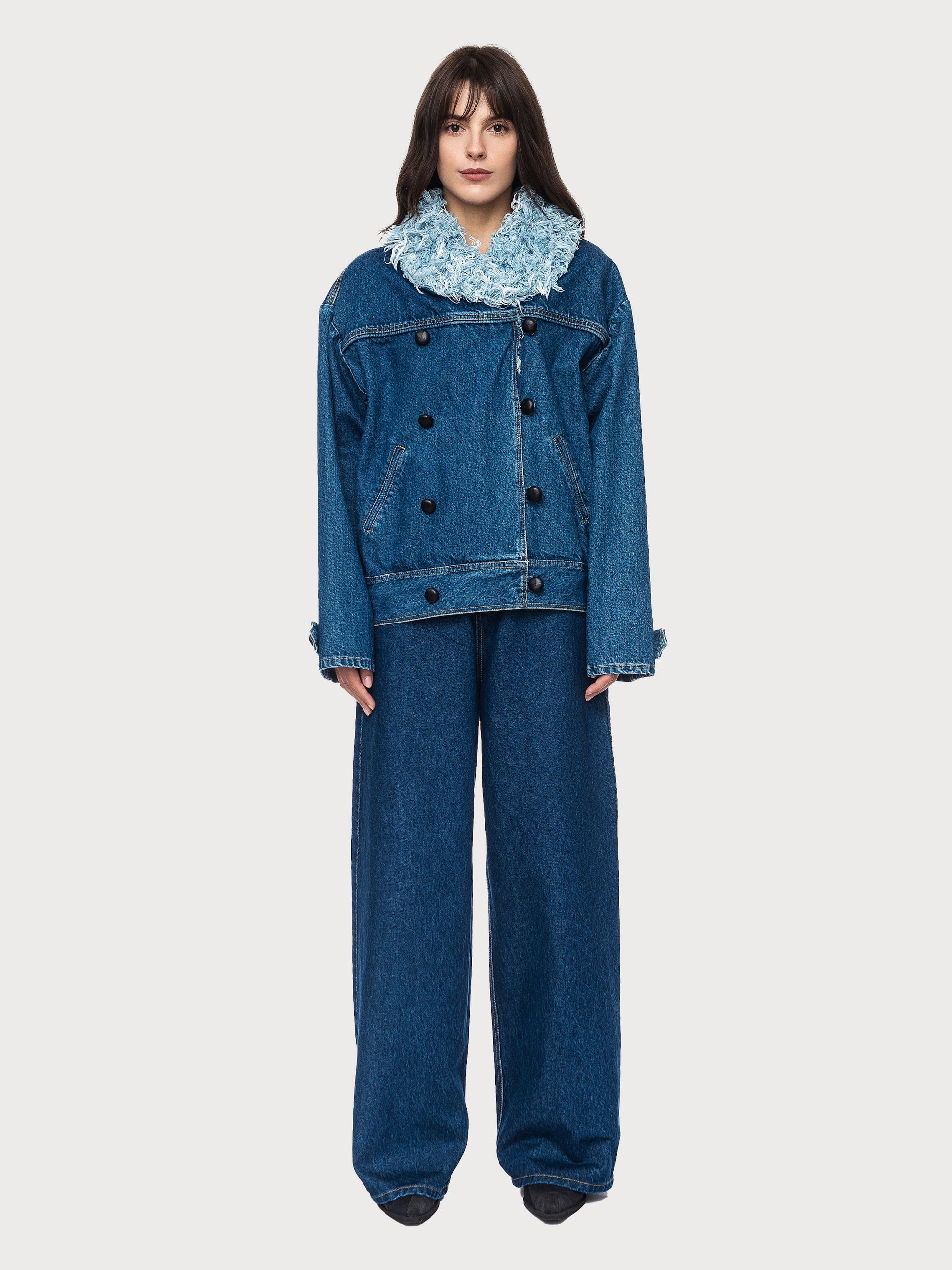 Buy Denim Jacket with Denim Fur Collar – Outerwear by Ksenia Schnaider | Ethical & Sustainable Fashion
