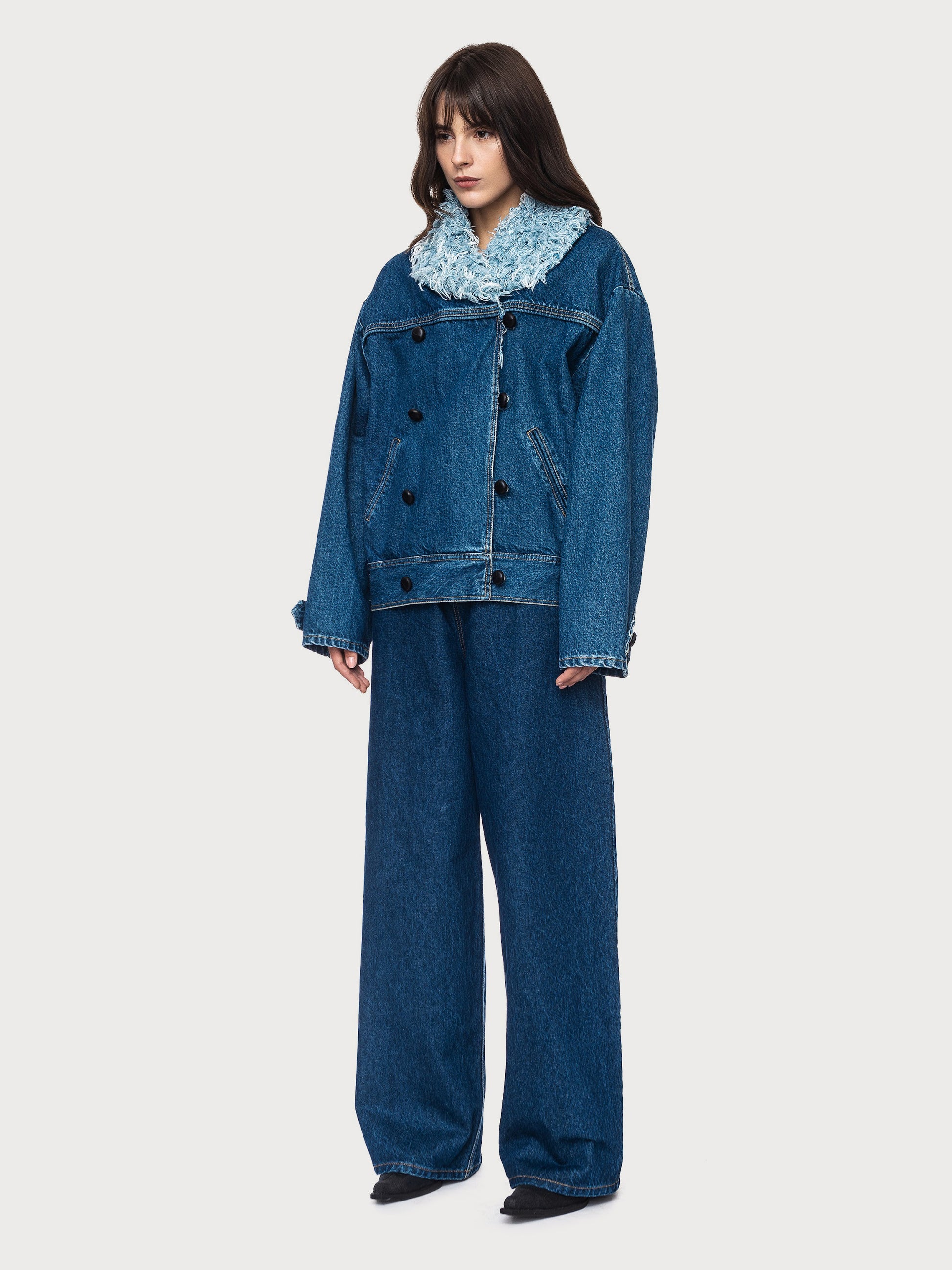Buy Denim Jacket with Denim Fur Collar – Outerwear by Ksenia Schnaider | Ethical & Sustainable Fashion