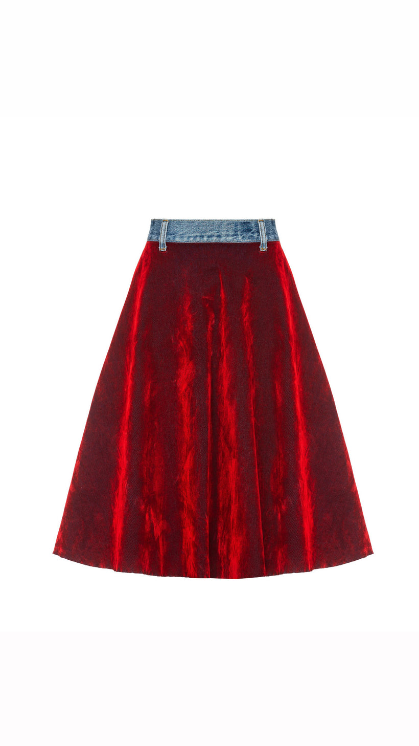 Red Velours Skirt with Denim Back Part image