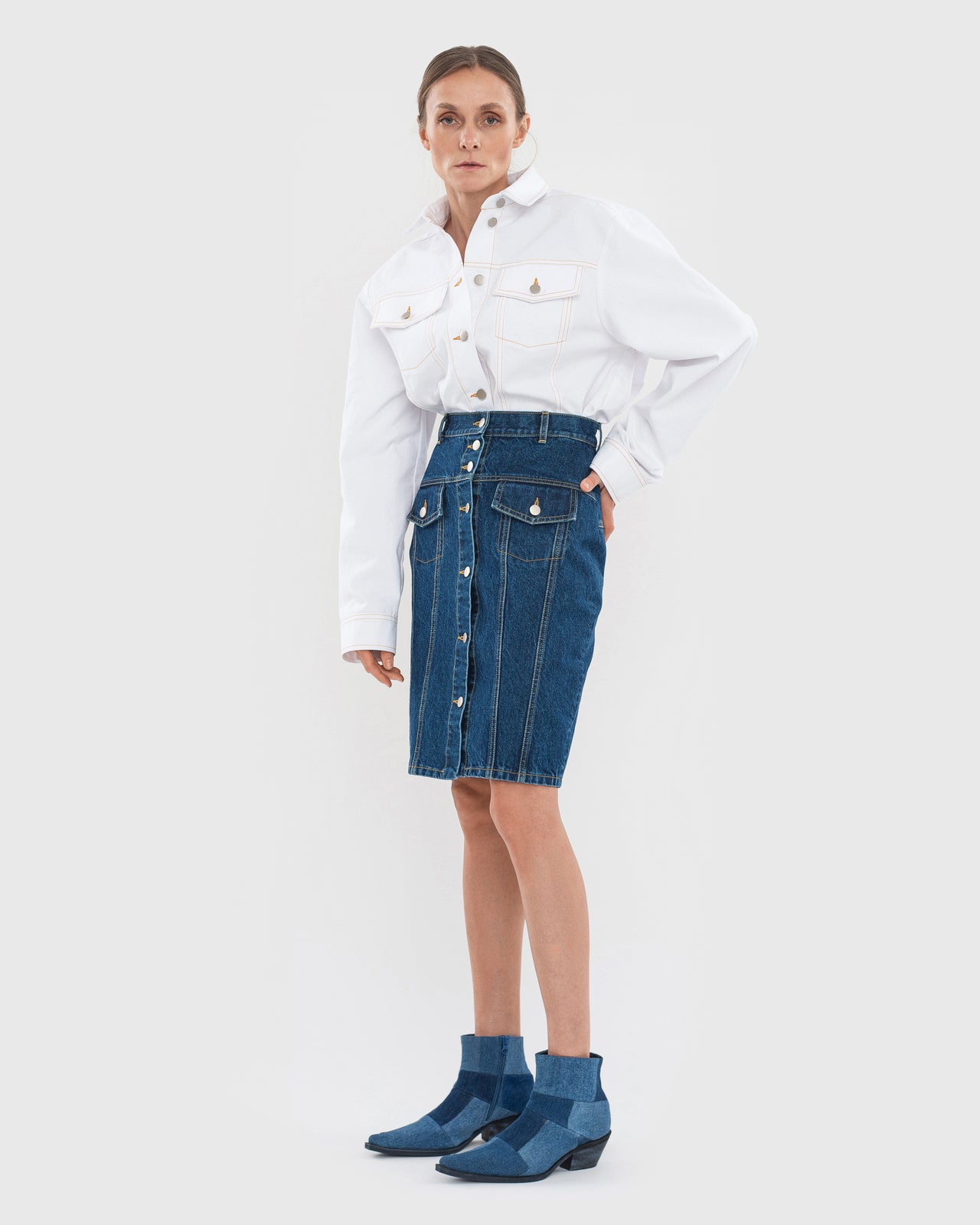 Facing Denim Midi Skirt