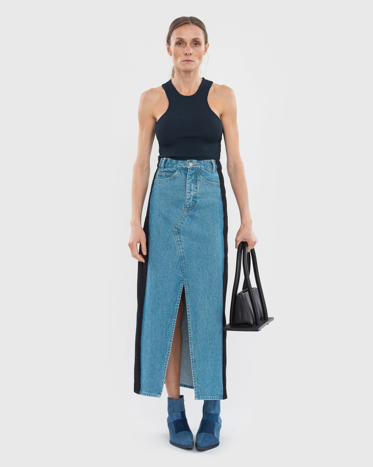 Denim Maxi Skirt with Contrast Side Lines