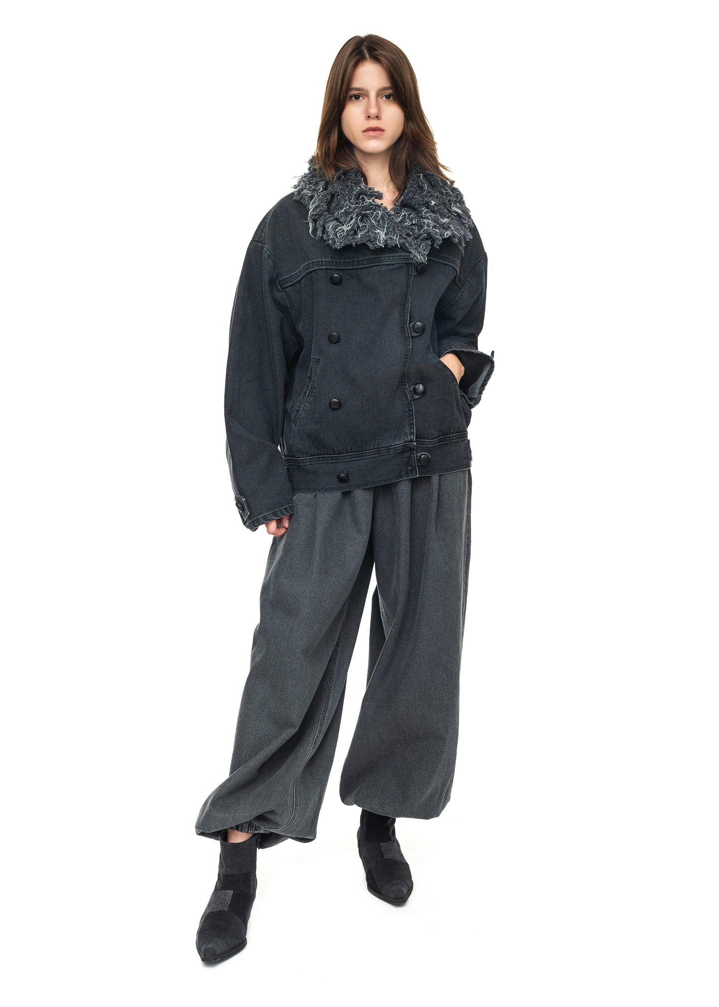 Black Denim Jacket with Denim Fur Collar image