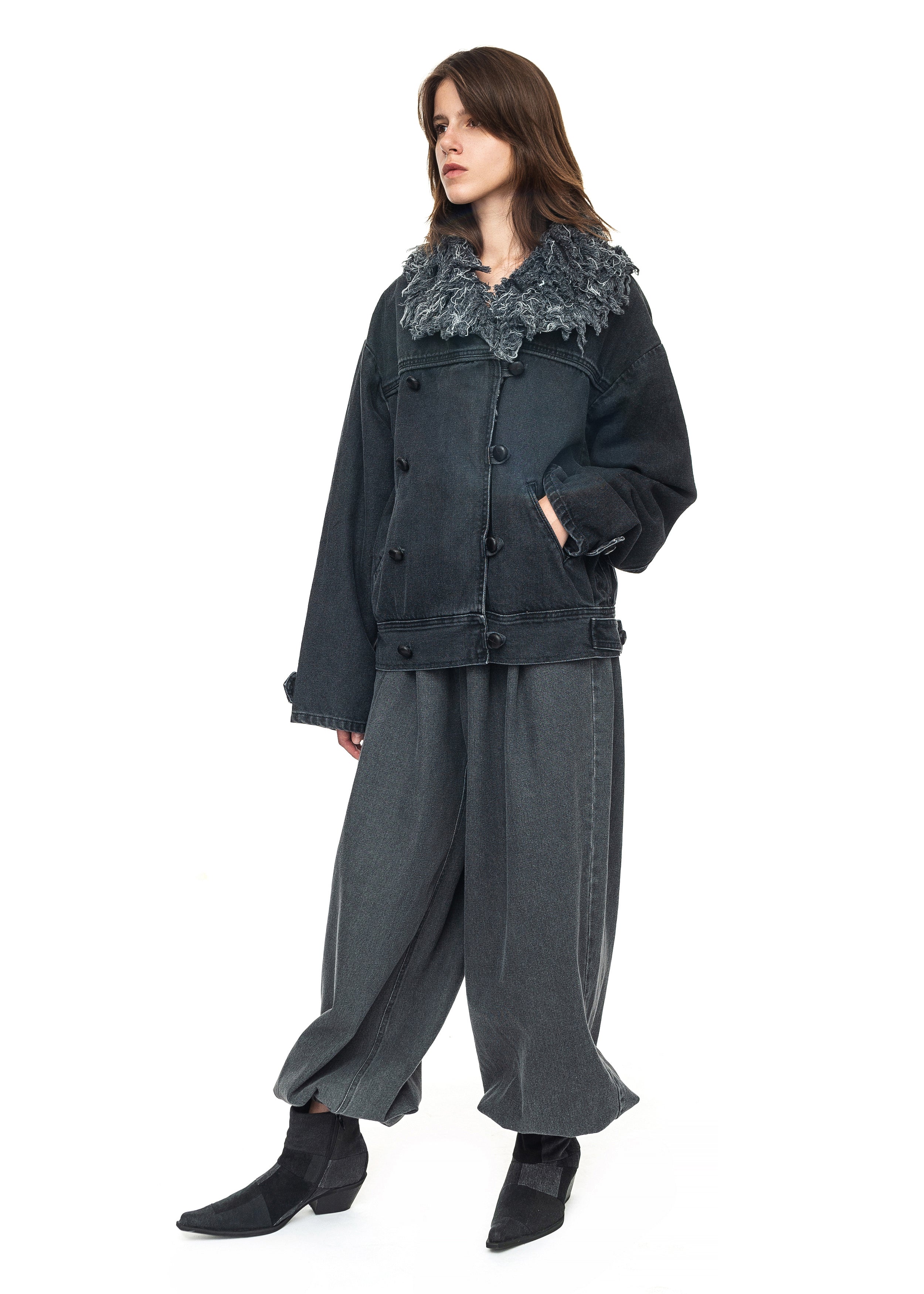 Black Denim Jacket with Denim Fur Collar image