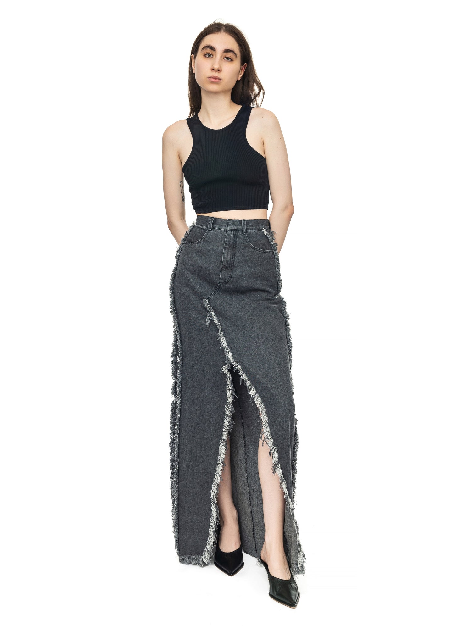 Denim Maxi Skirt with Fringed Details image