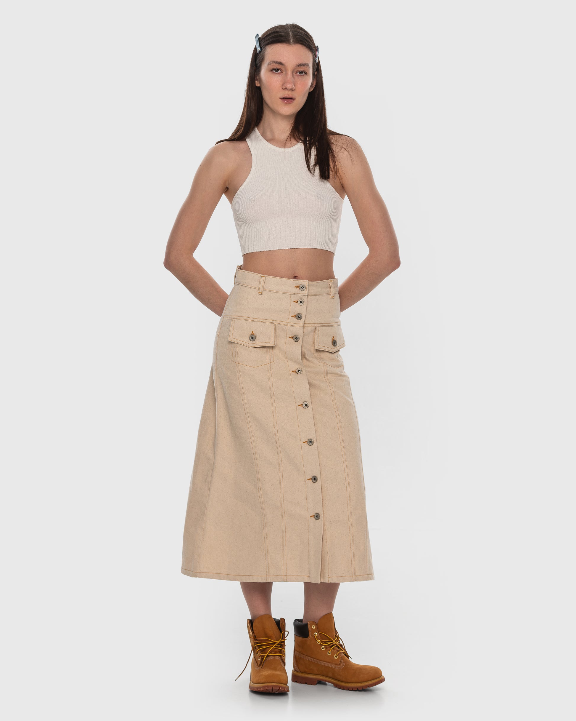 Buy Facing Denim Midi Skirt – Bottoms by Ksenia Schnaider | Ethical & Sustainable Fashion