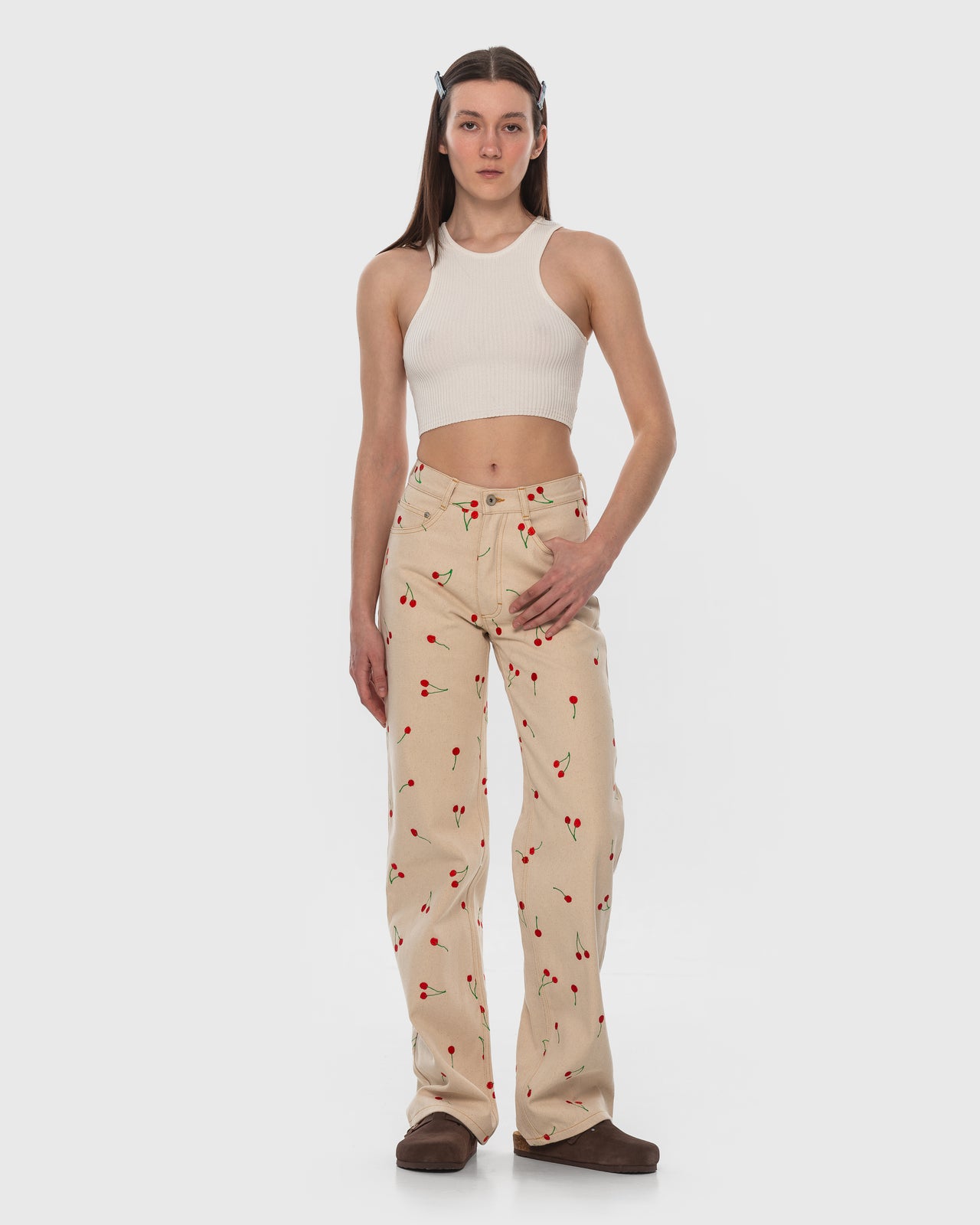 Buy Jeans with Embroidered Cherries – Bottoms by Ksenia Schnaider | Ethical & Sustainable Fashion