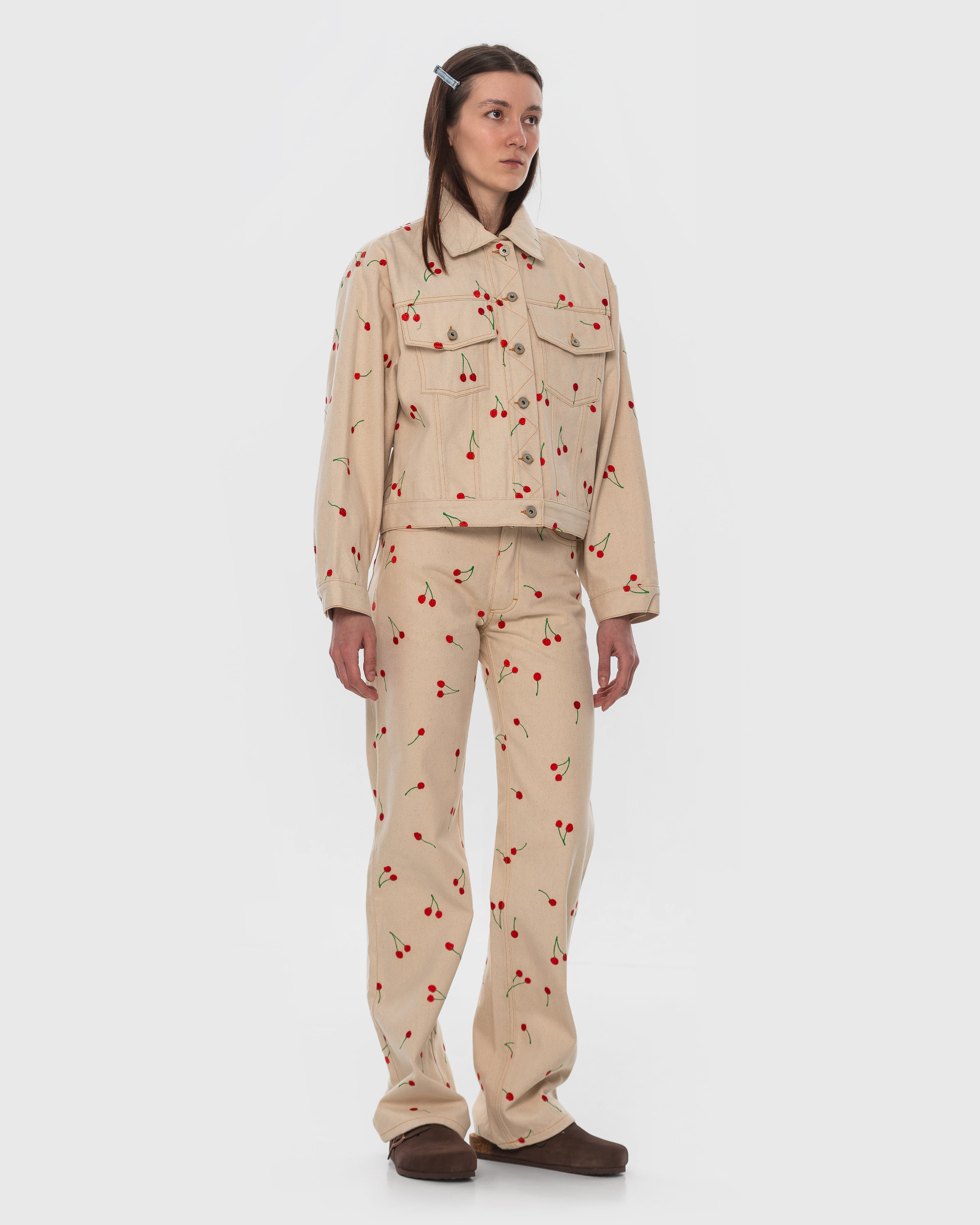 Denim Jacket with Embroidered Cherries - KSENIASCHNAIDER