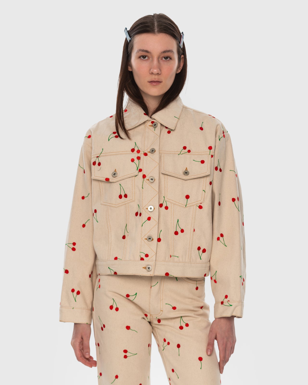 Buy Denim Jacket with Embroidered Cherries – Outerwear by Ksenia Schnaider | Ethical & Sustainable Fashion