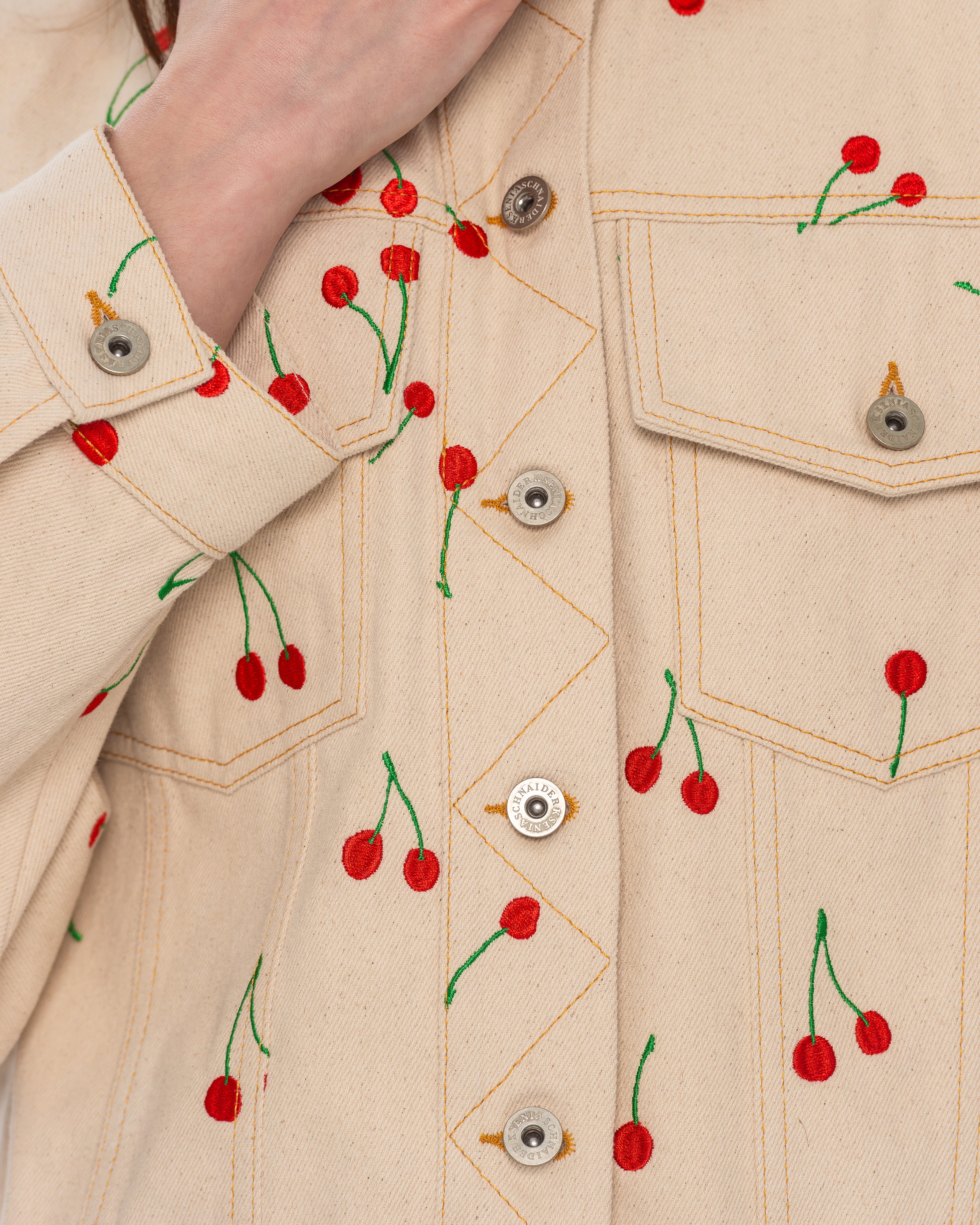 Denim Jacket with Embroidered Cherries - KSENIASCHNAIDER