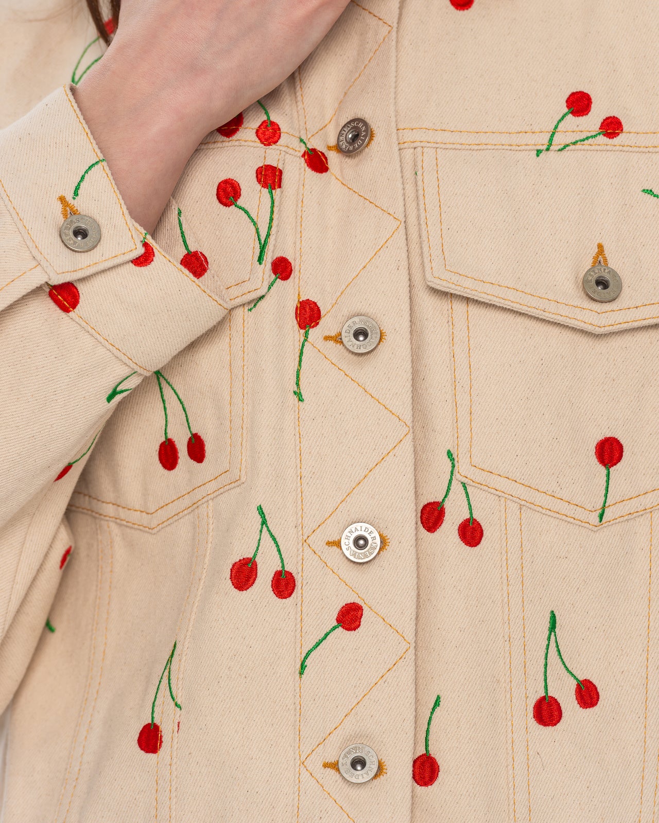 Buy Denim Jacket with Embroidered Cherries – Outerwear by Ksenia Schnaider | Ethical & Sustainable Fashion