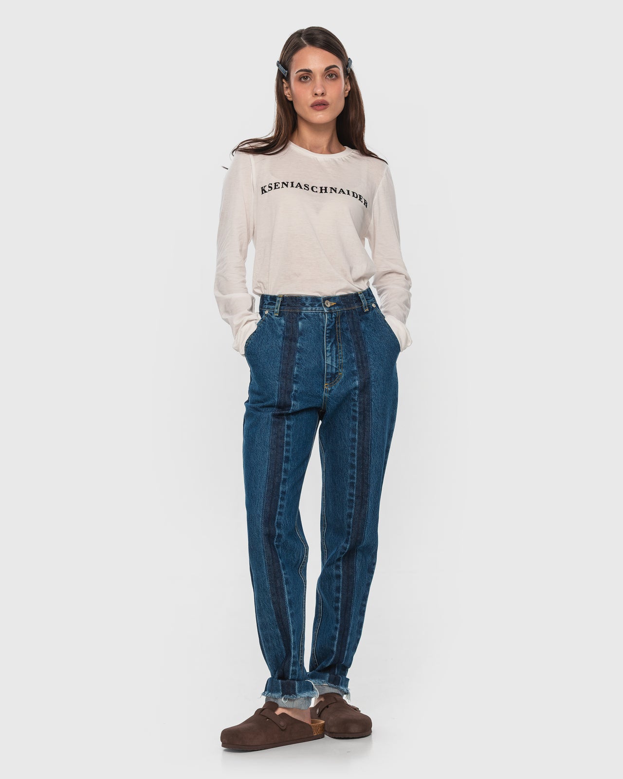 Buy Jeans with Contrast Stripes – Bottoms by Ksenia Schnaider | Ethical & Sustainable Fashion