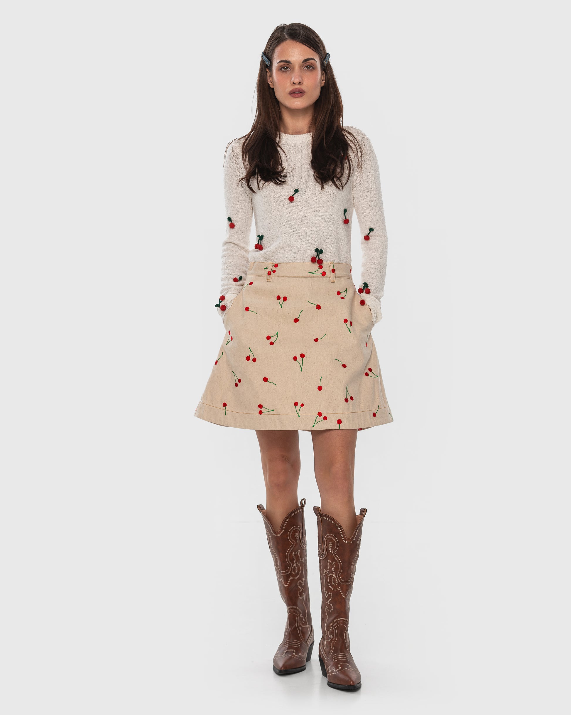 Buy Denim Skirt with Embroidered Cherries – Bottoms by Ksenia Schnaider | Ethical & Sustainable Fashion
