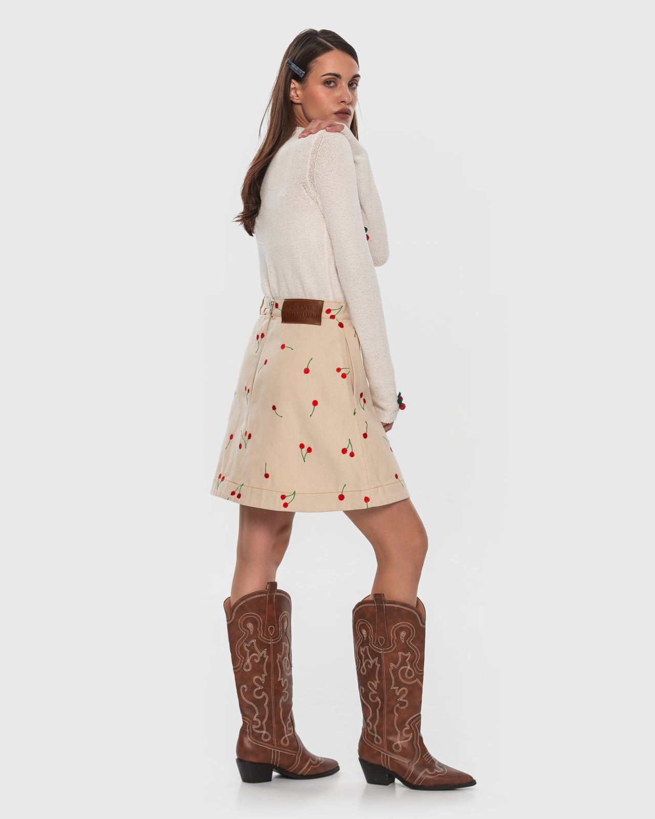 Buy Denim Skirt with Embroidered Cherries – Bottoms by Ksenia Schnaider | Ethical & Sustainable Fashion