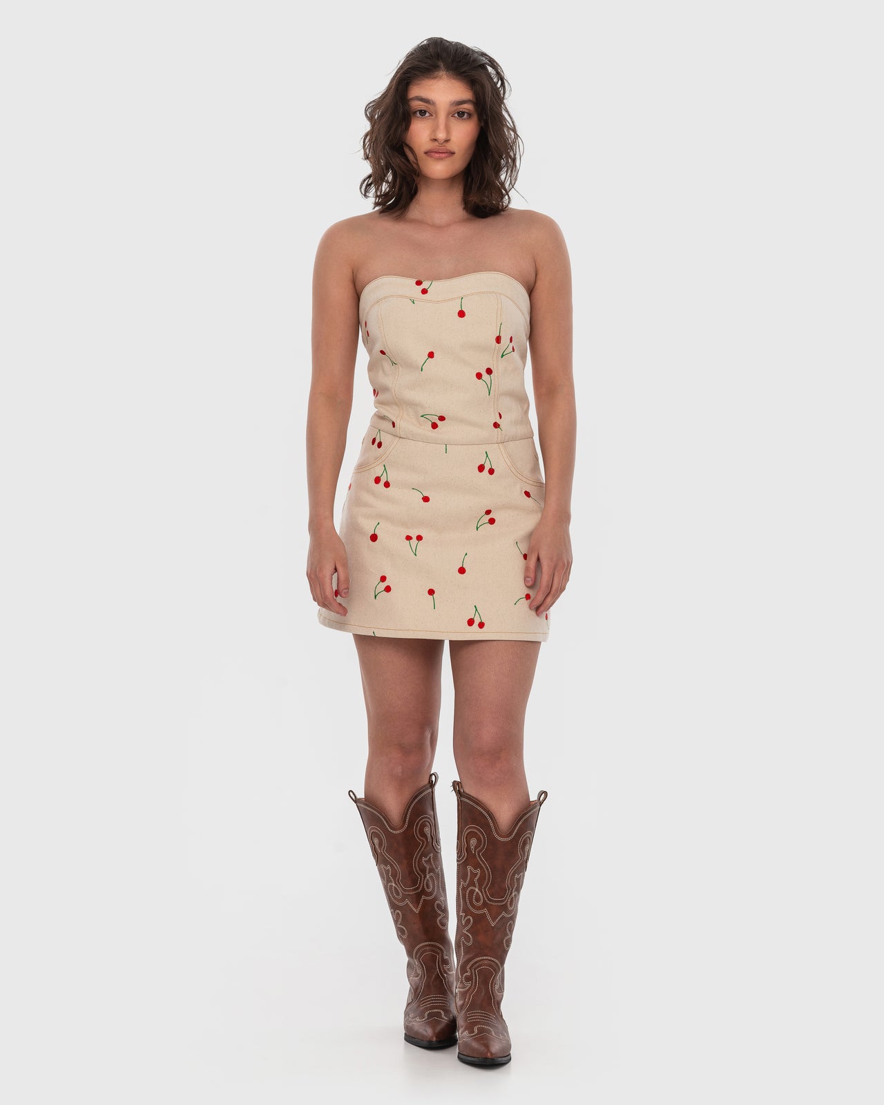 Buy Denim Shortall with Embroidered Cherries – Dresses by Ksenia Schnaider | Ethical & Sustainable Fashion