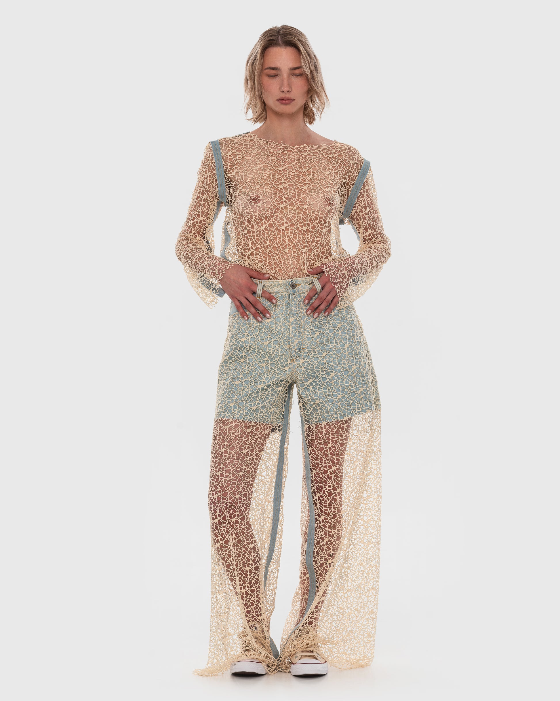 Buy Moss Crochet Blouse with Denim Stitching – Tops by Ksenia Schnaider | Ethical & Sustainable Fashion