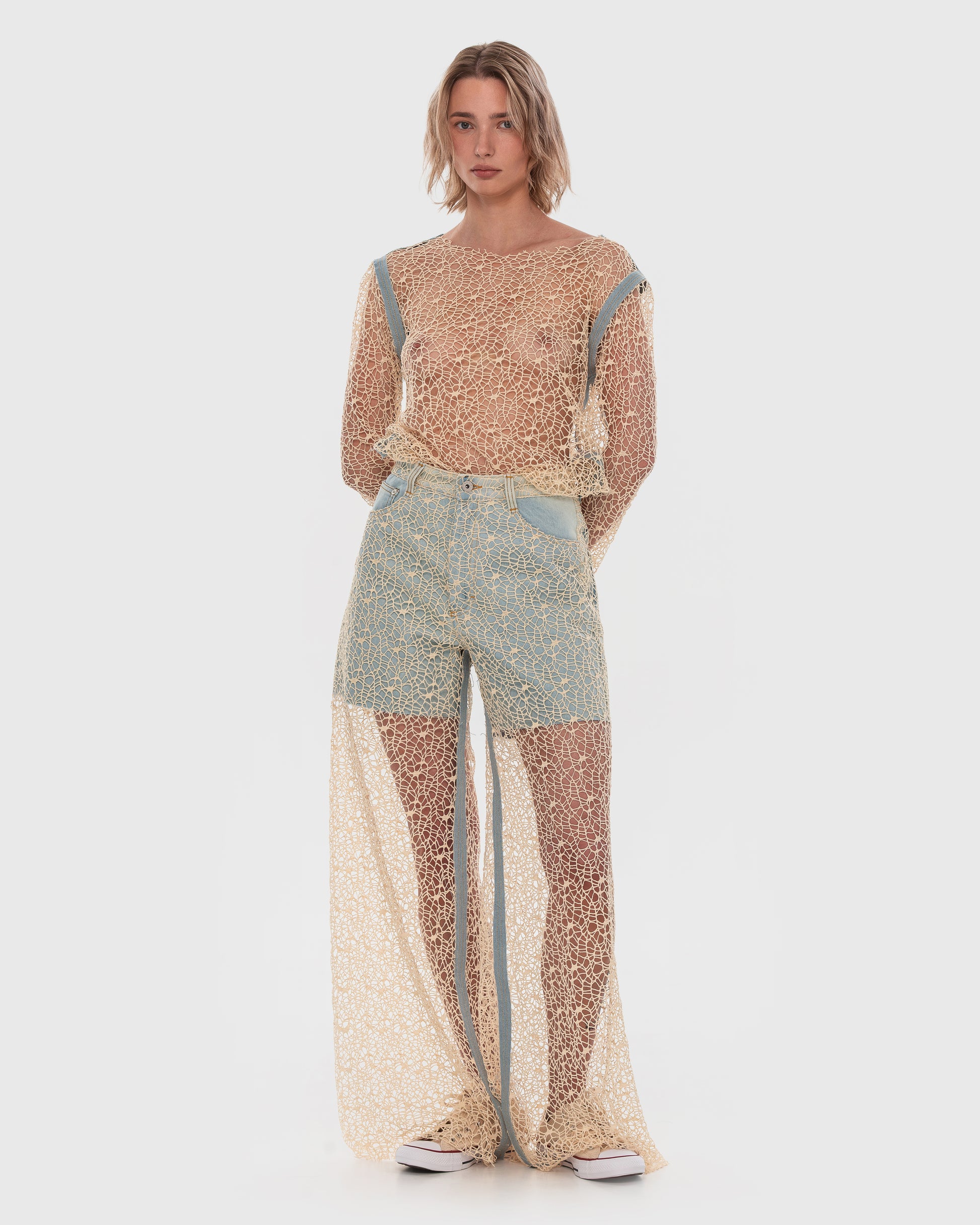 Buy Moss Crochet Blouse with Denim Stitching – Tops by Ksenia Schnaider | Ethical & Sustainable Fashion