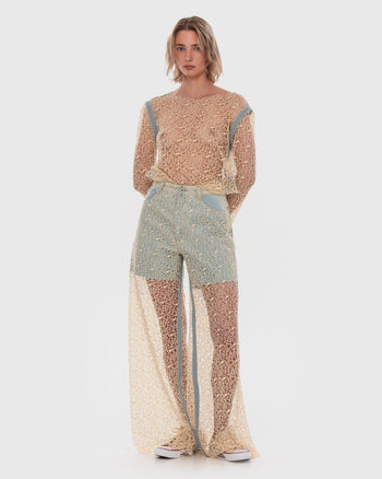 Buy Moss Crochet Blouse with Denim Stitching – Tops by Ksenia Schnaider | Ethical & Sustainable Fashion