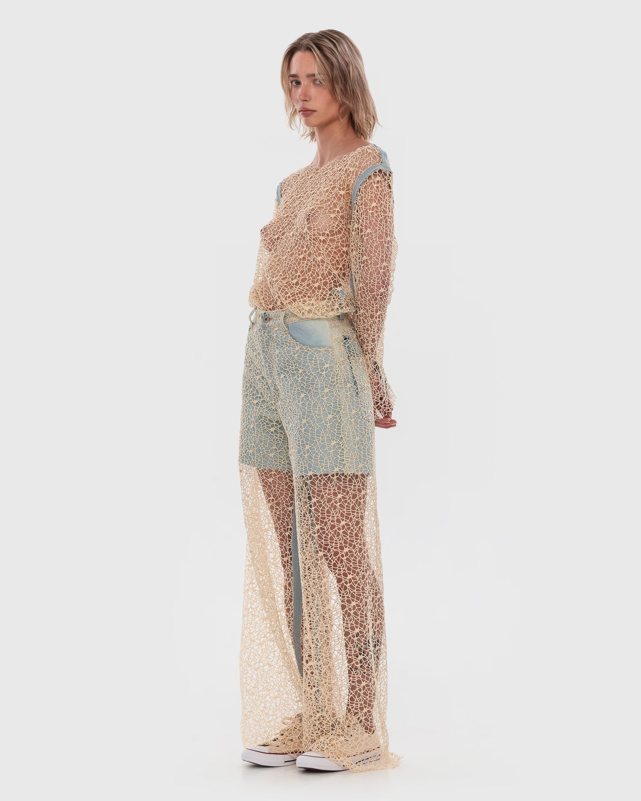 Buy Moss Crochet Blouse with Denim Stitching – Tops by Ksenia Schnaider | Ethical & Sustainable Fashion