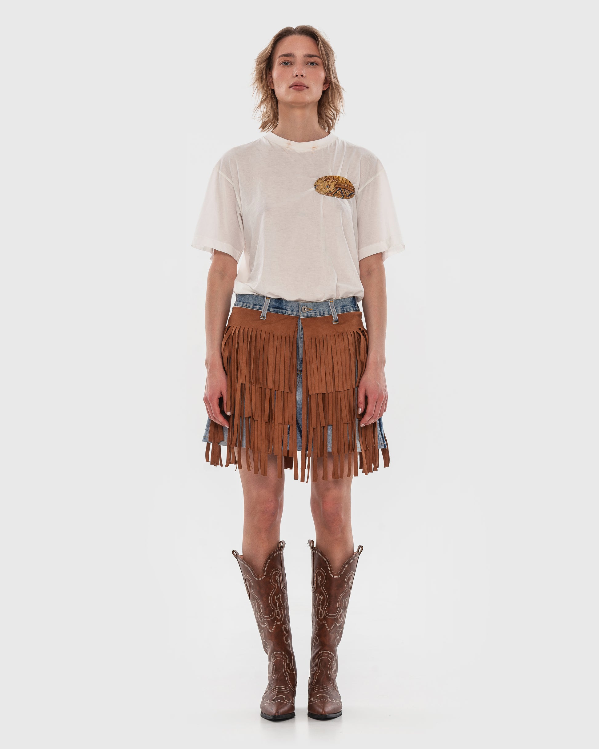 Buy Fringed Suede Denim Skirt – Bottoms by Ksenia Schnaider | Ethical & Sustainable Fashion