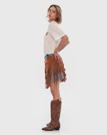 Buy Fringed Suede Denim Skirt – Bottoms by Ksenia Schnaider | Ethical & Sustainable Fashion