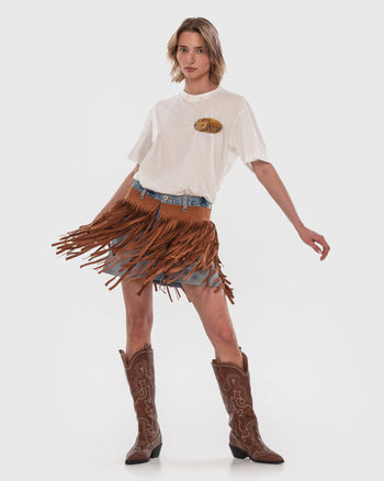 Buy Fringed Suede Denim Skirt – Bottoms by Ksenia Schnaider | Ethical & Sustainable Fashion