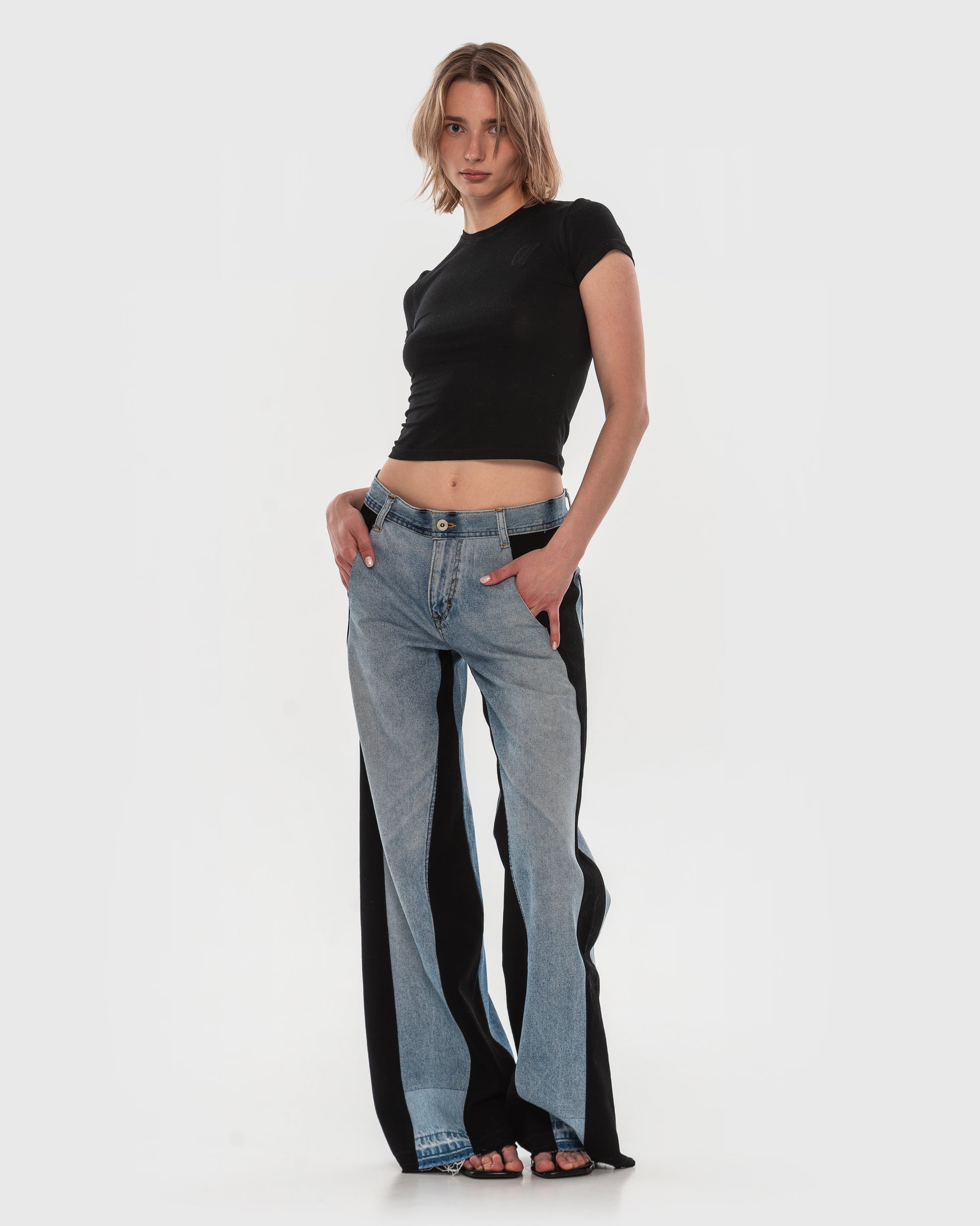 Buy Wide Jeans with Wide Contrast Side Lines – Bottoms by Ksenia Schnaider | Ethical & Sustainable Fashion