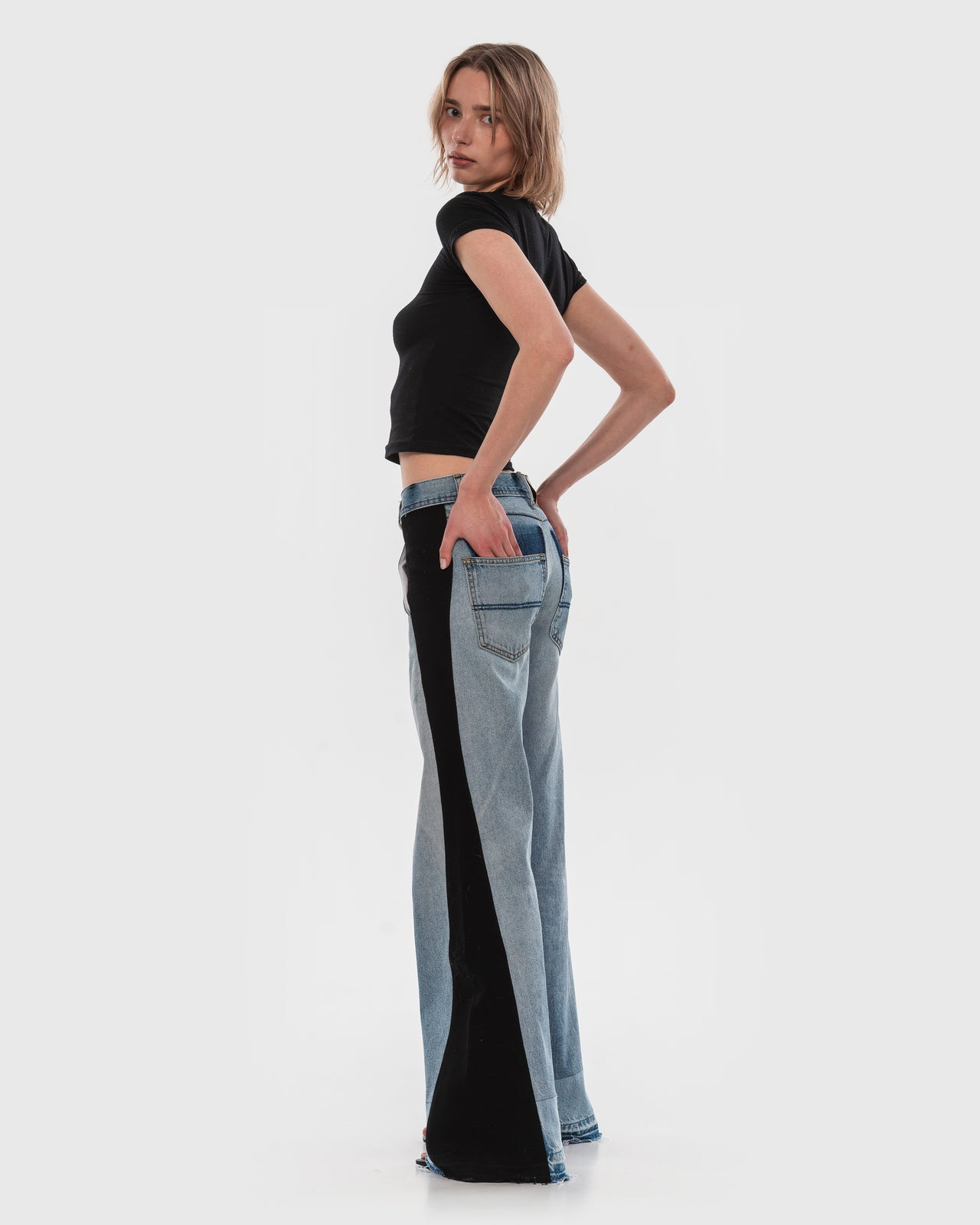 Buy Wide Jeans with Wide Contrast Side Lines – Bottoms by Ksenia Schnaider | Ethical & Sustainable Fashion