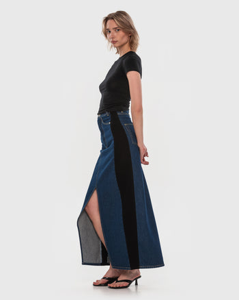 Buy Denim Maxi Skirt with Contrast Side Lines – Bottoms by Ksenia Schnaider | Ethical & Sustainable Fashion