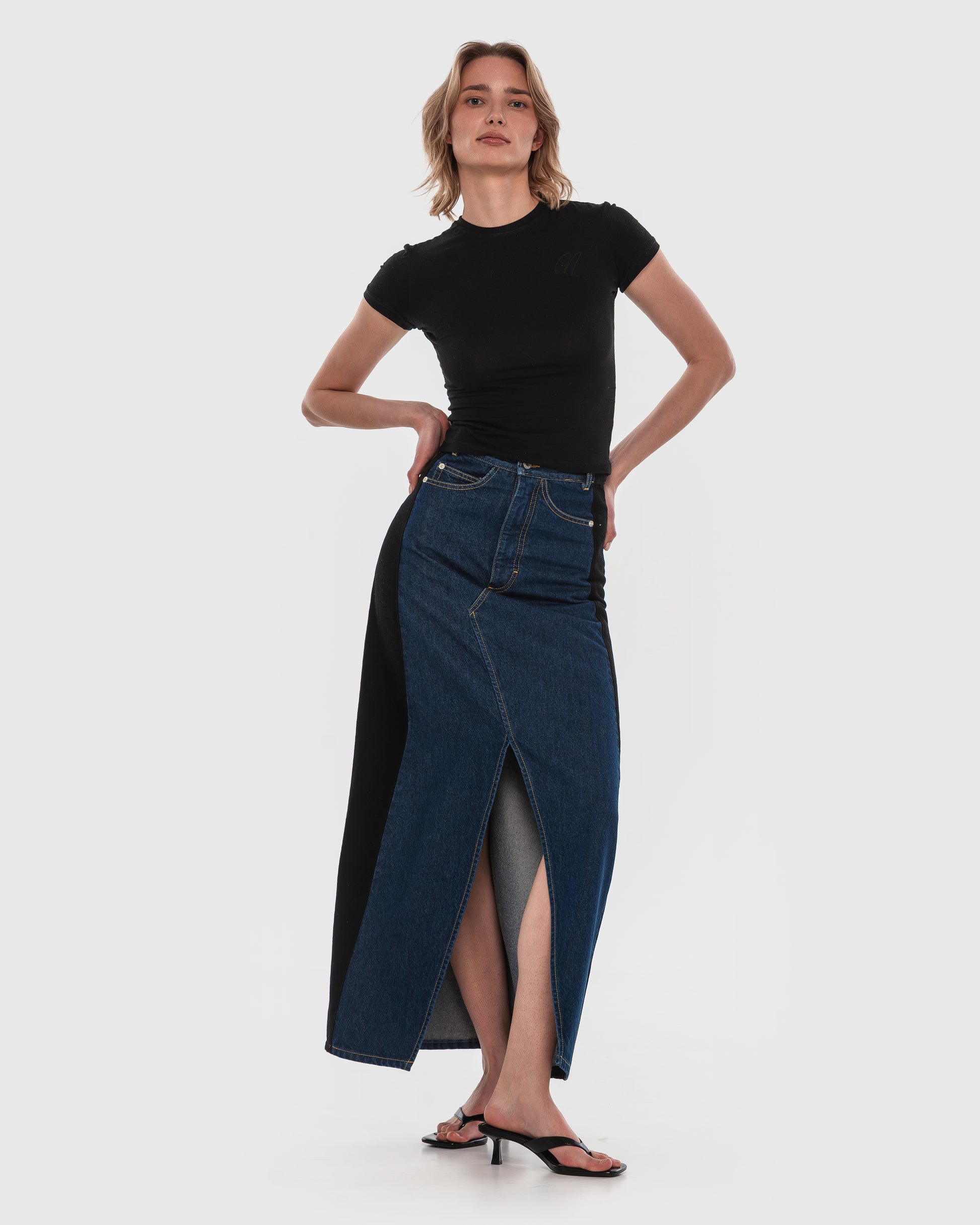 Buy Denim Maxi Skirt with Contrast Side Lines – Bottoms by Ksenia Schnaider | Ethical & Sustainable Fashion