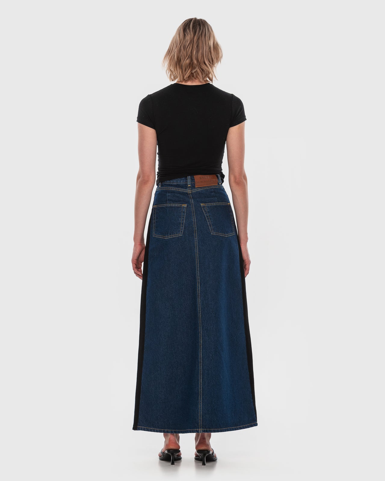 Buy Denim Maxi Skirt with Contrast Side Lines – Bottoms by Ksenia Schnaider | Ethical & Sustainable Fashion