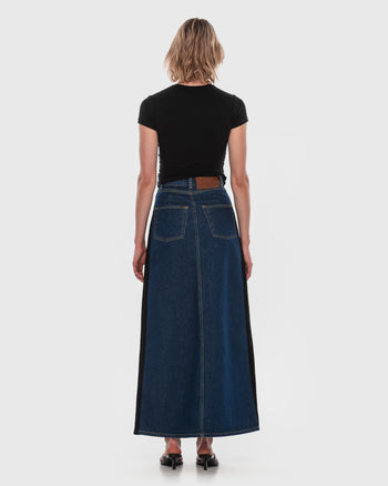 Buy Denim Maxi Skirt with Contrast Side Lines – Bottoms by Ksenia Schnaider | Ethical & Sustainable Fashion
