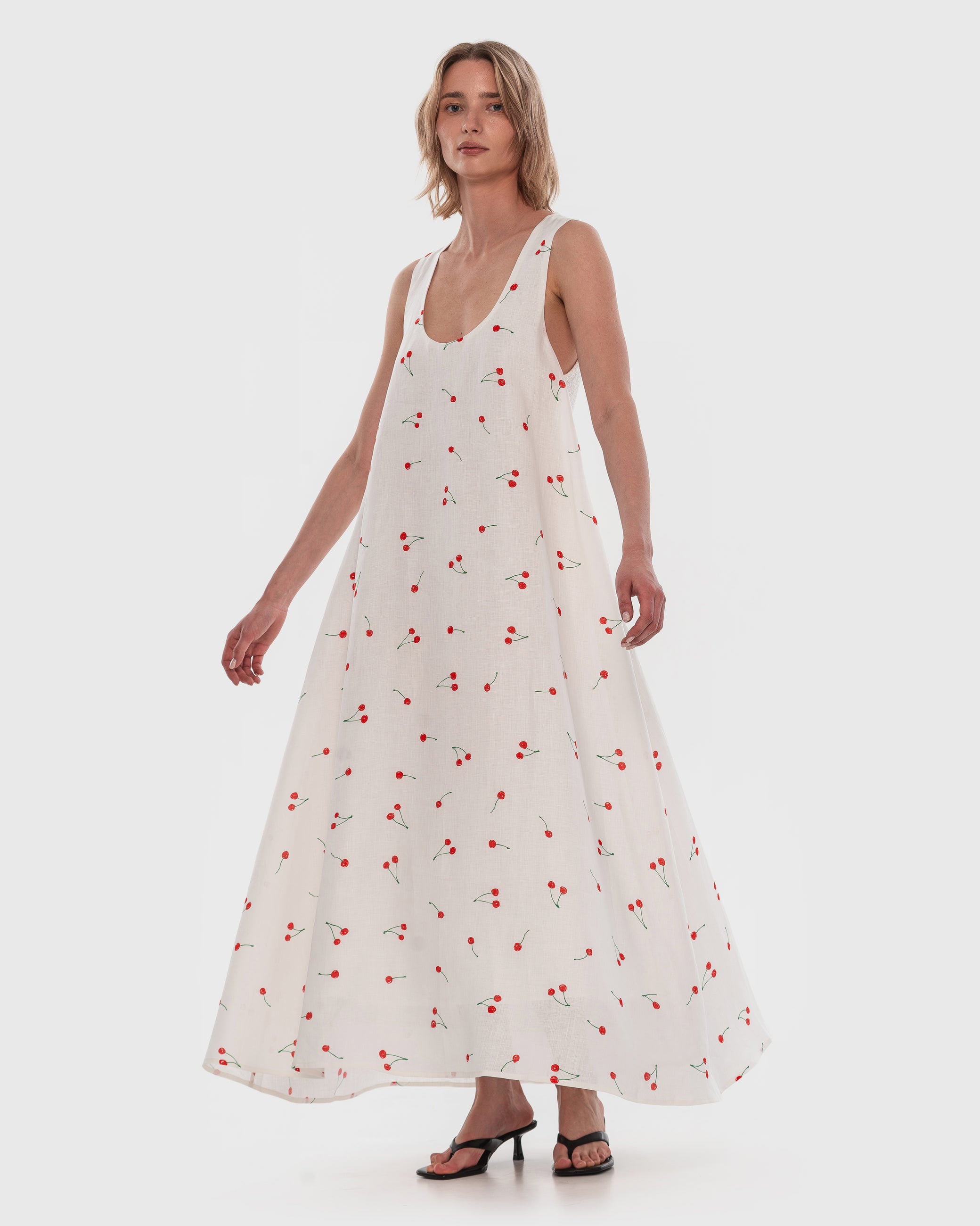 Hemp Maxi Dress with Cherry Print S