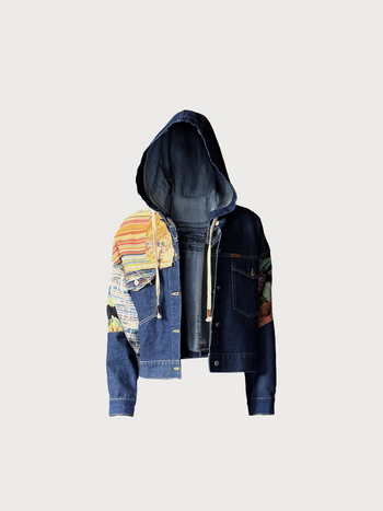Hooded Tapestry Patchwork Denim Jacket