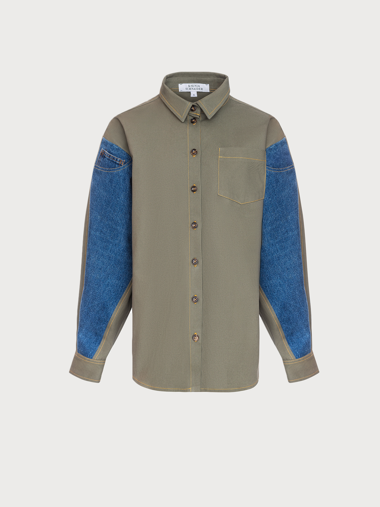 Buy Shirt with Reworked Denim Details – Tops by Ksenia Schnaider | Ethical & Sustainable Fashion