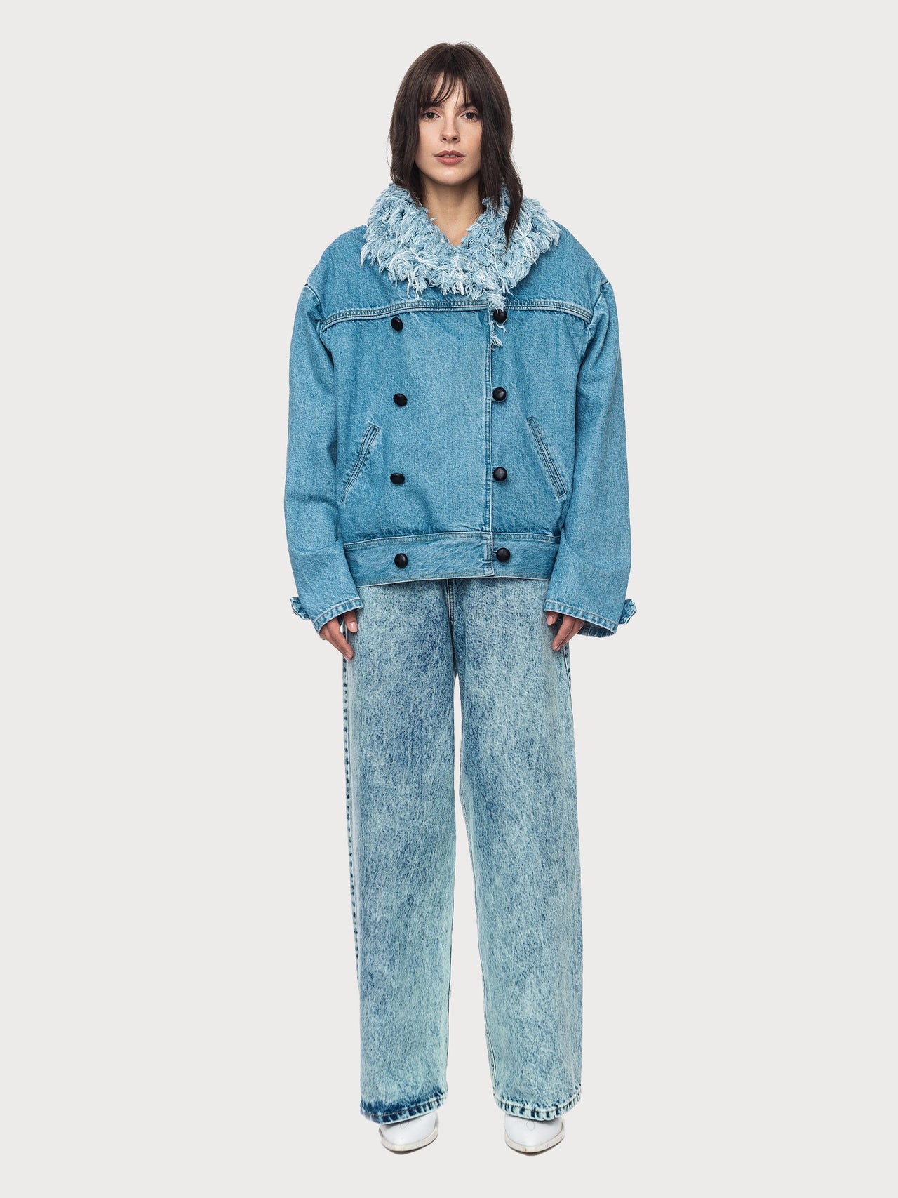 Buy Denim Jacket with Denim Fur Collar – Outerwear by Ksenia Schnaider | Ethical & Sustainable Fashion
