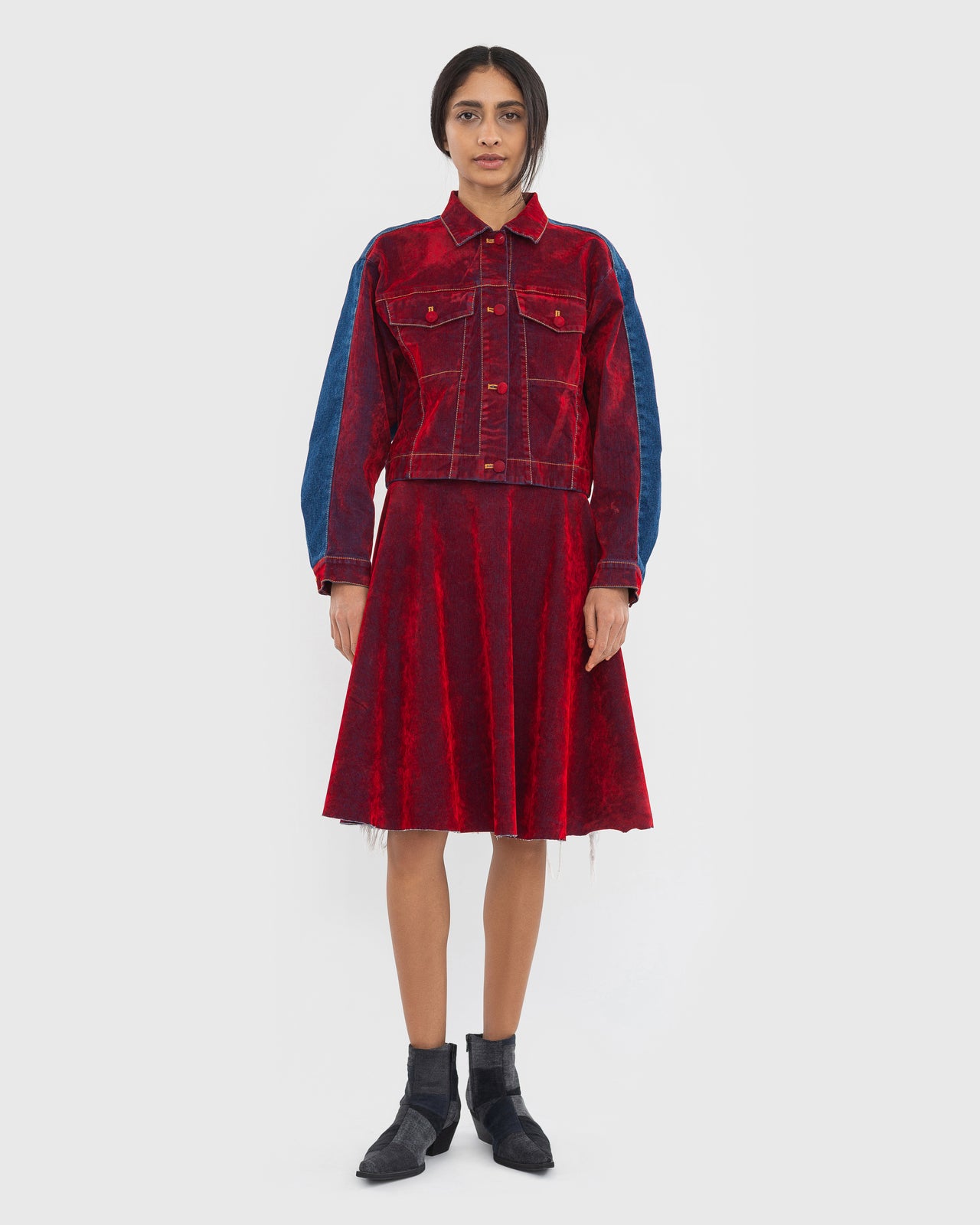 Buy Denim Jacket Covered in Red Velours – Outerwear by Ksenia Schnaider | Ethical & Sustainable Fashion
