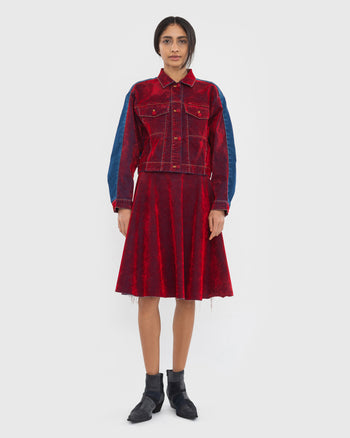 Buy Denim Jacket Covered in Red Velours – Outerwear by Ksenia Schnaider | Ethical & Sustainable Fashion