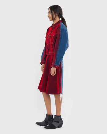 Buy Denim Jacket Covered in Red Velours – Outerwear by Ksenia Schnaider | Ethical & Sustainable Fashion