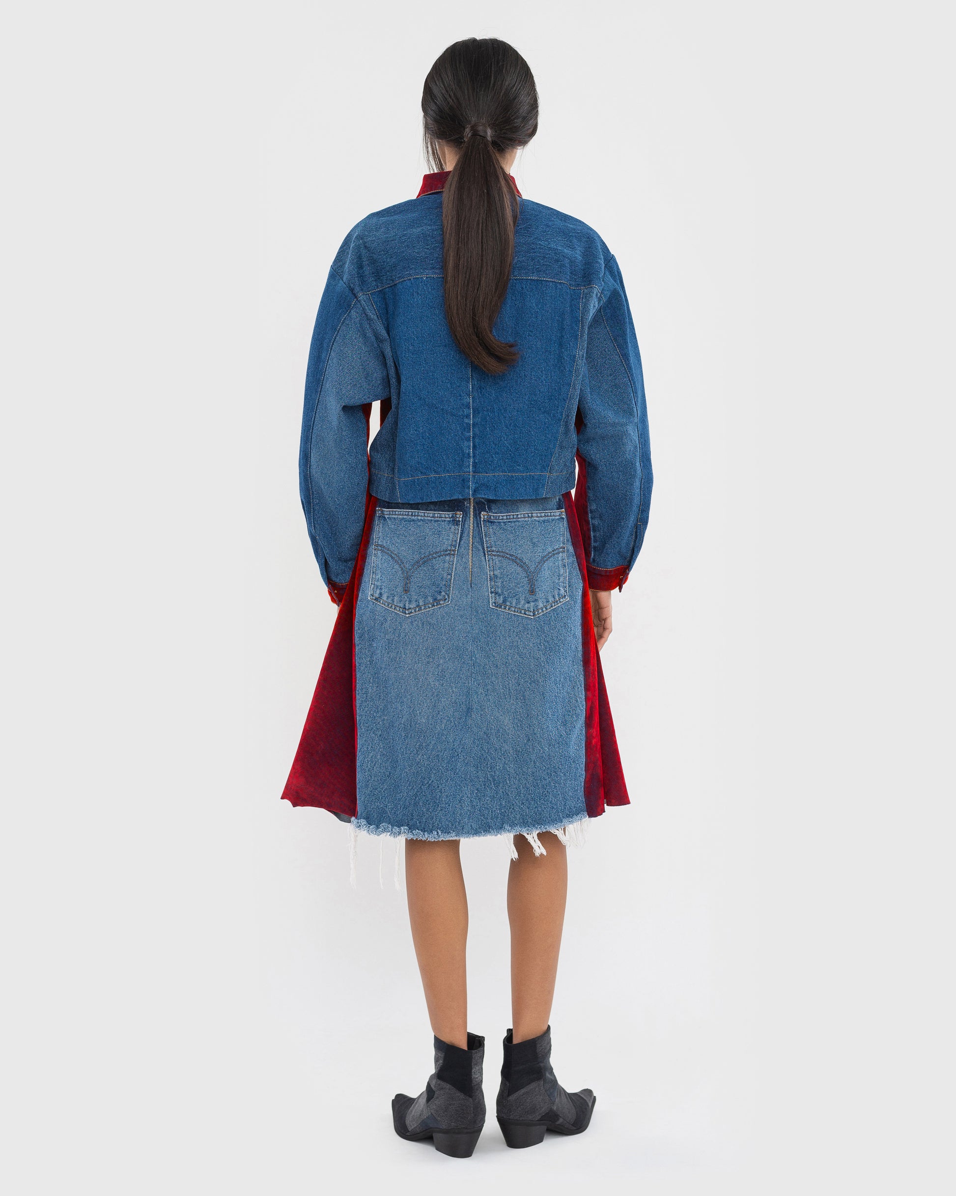 Buy Denim Jacket Covered in Red Velours – Outerwear by Ksenia Schnaider | Ethical & Sustainable Fashion