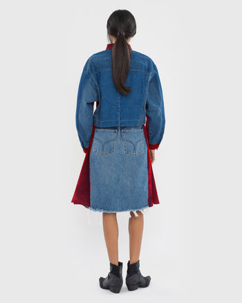 Buy Denim Jacket Covered in Red Velours – Outerwear by Ksenia Schnaider | Ethical & Sustainable Fashion