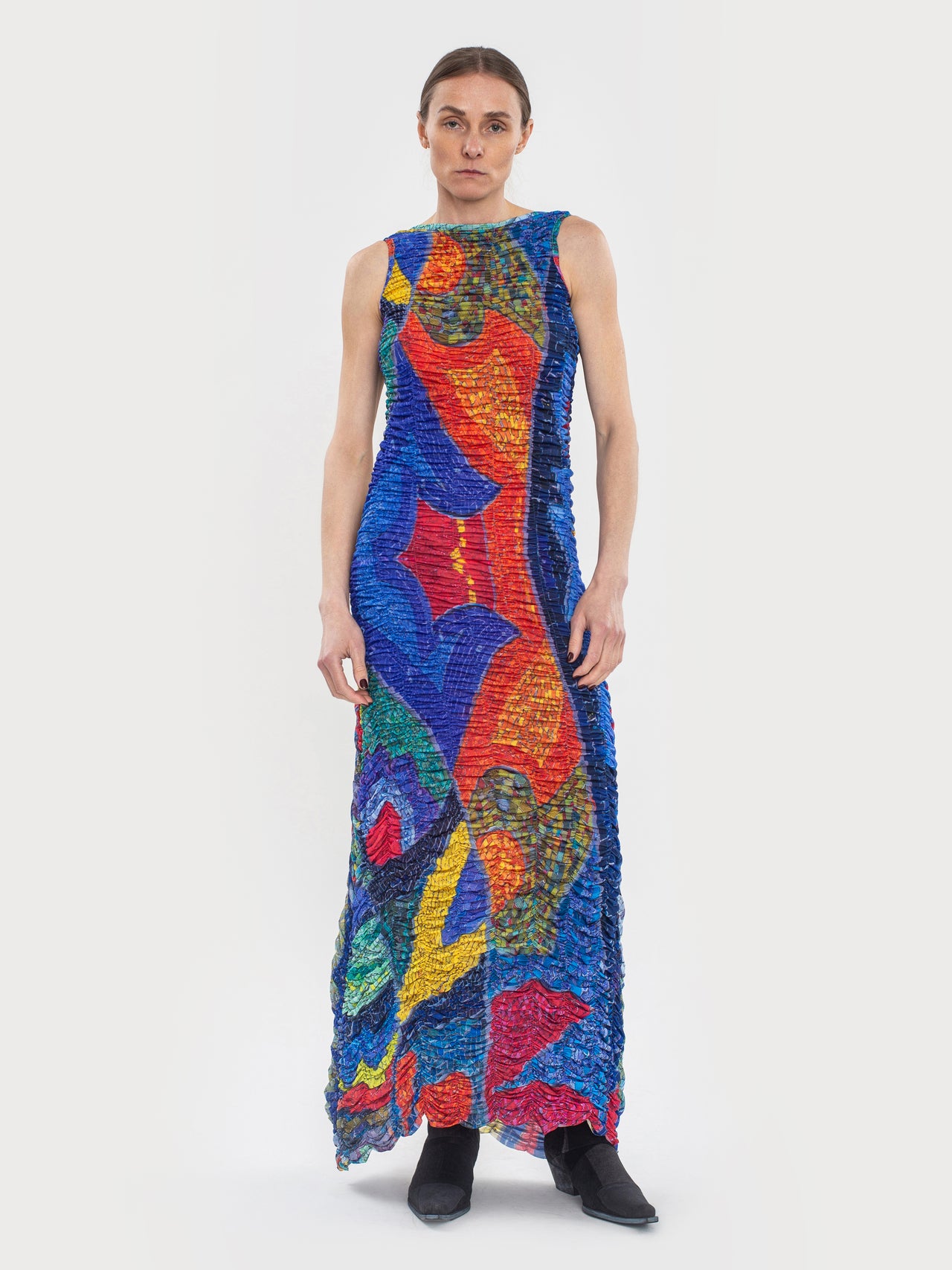 Draped Mosaic Mesh Sleeveless Maxi Dress