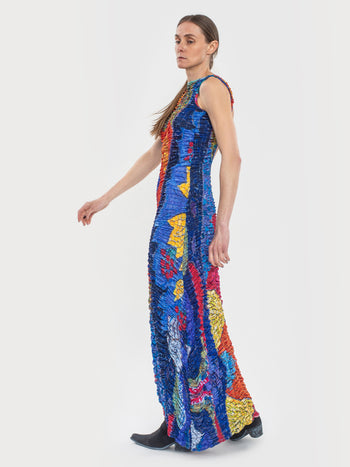 Draped Mosaic Mesh Sleeveless Maxi Dress