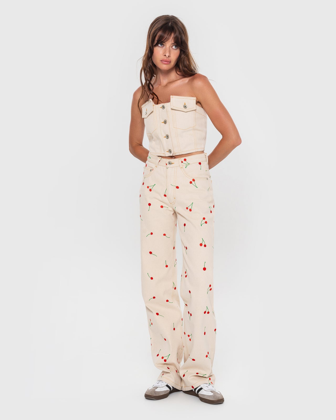 Jeans with Embroidered Cherries