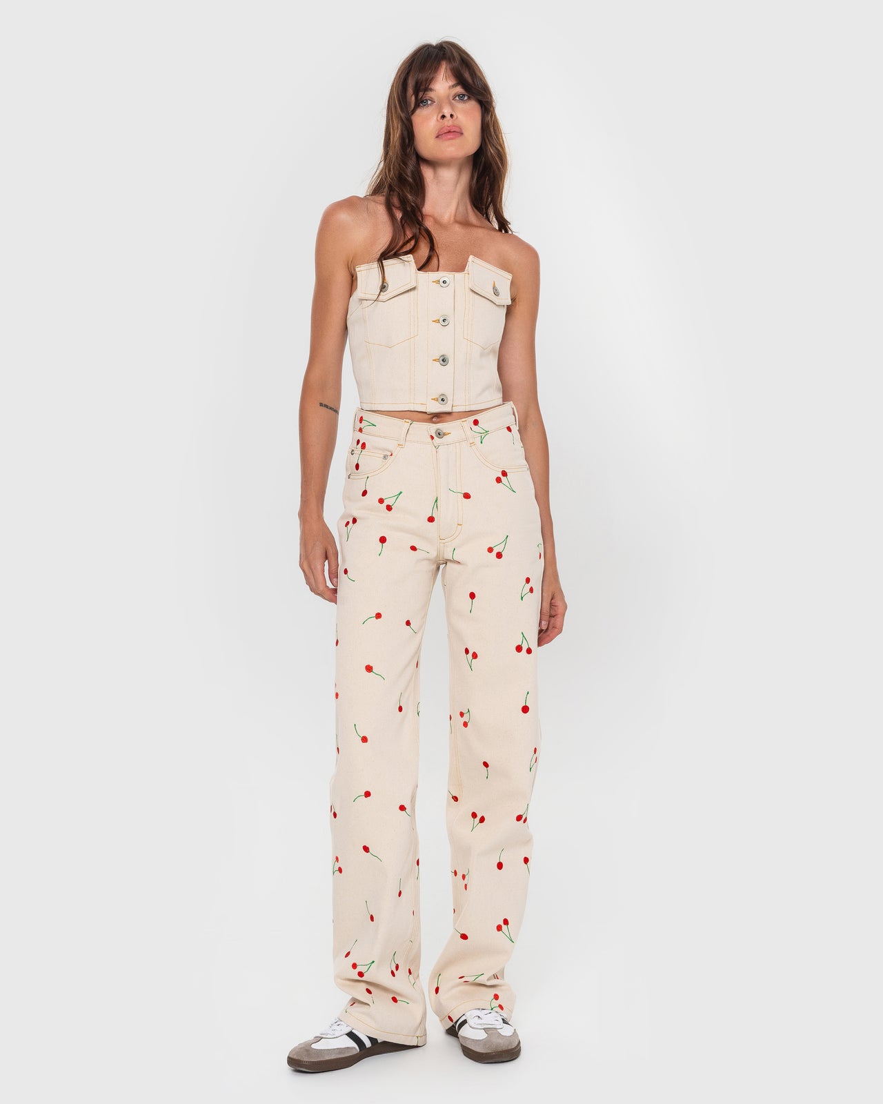 Jeans with Embroidered Cherries