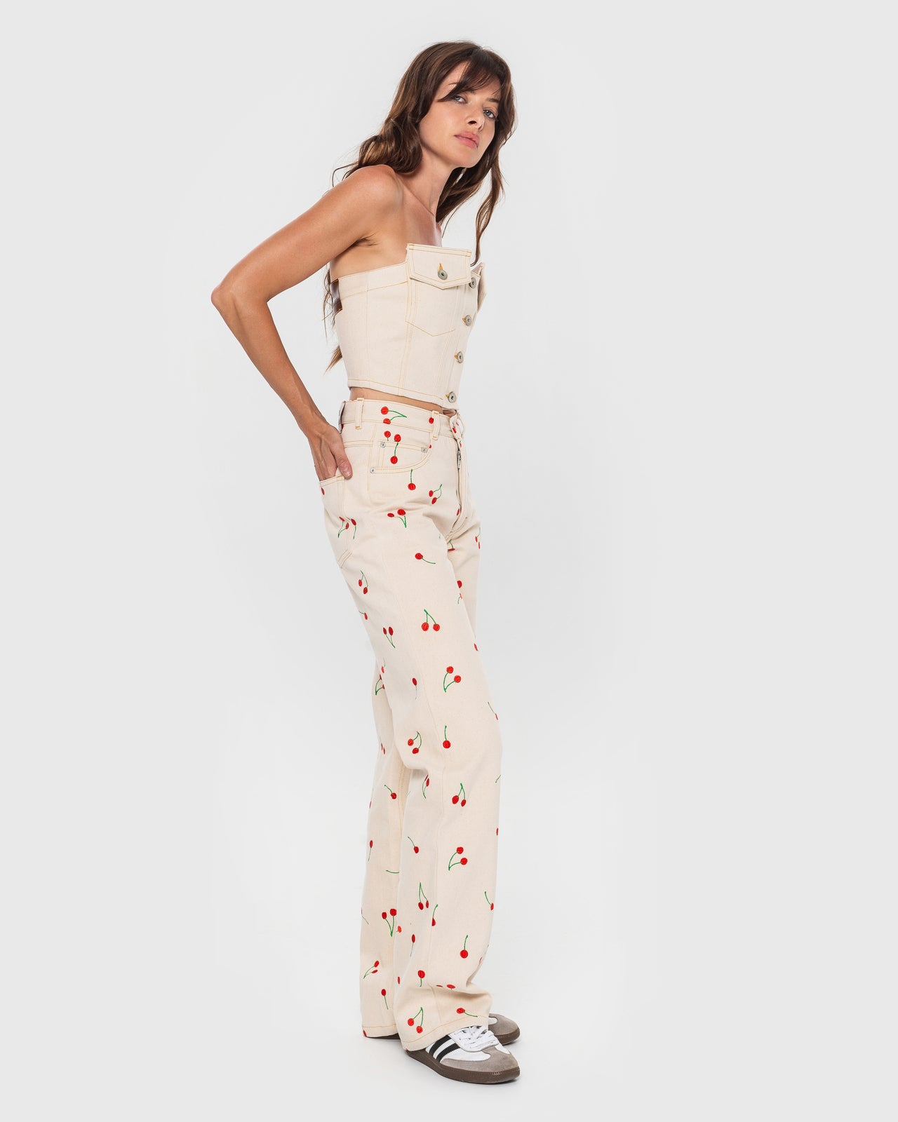 Jeans with Embroidered Cherries